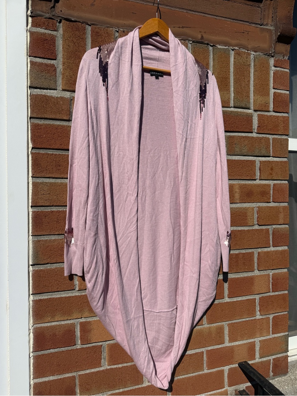 Escada Women’s Pink Draped Open Cardigan with Sequin Shoulder Detail